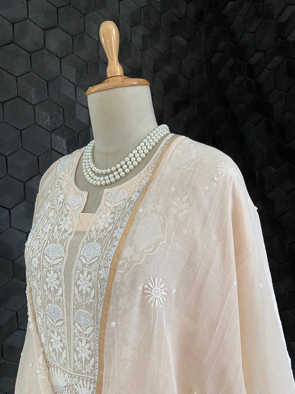 Peach Mul Chanderi Chikankari Kurta Set