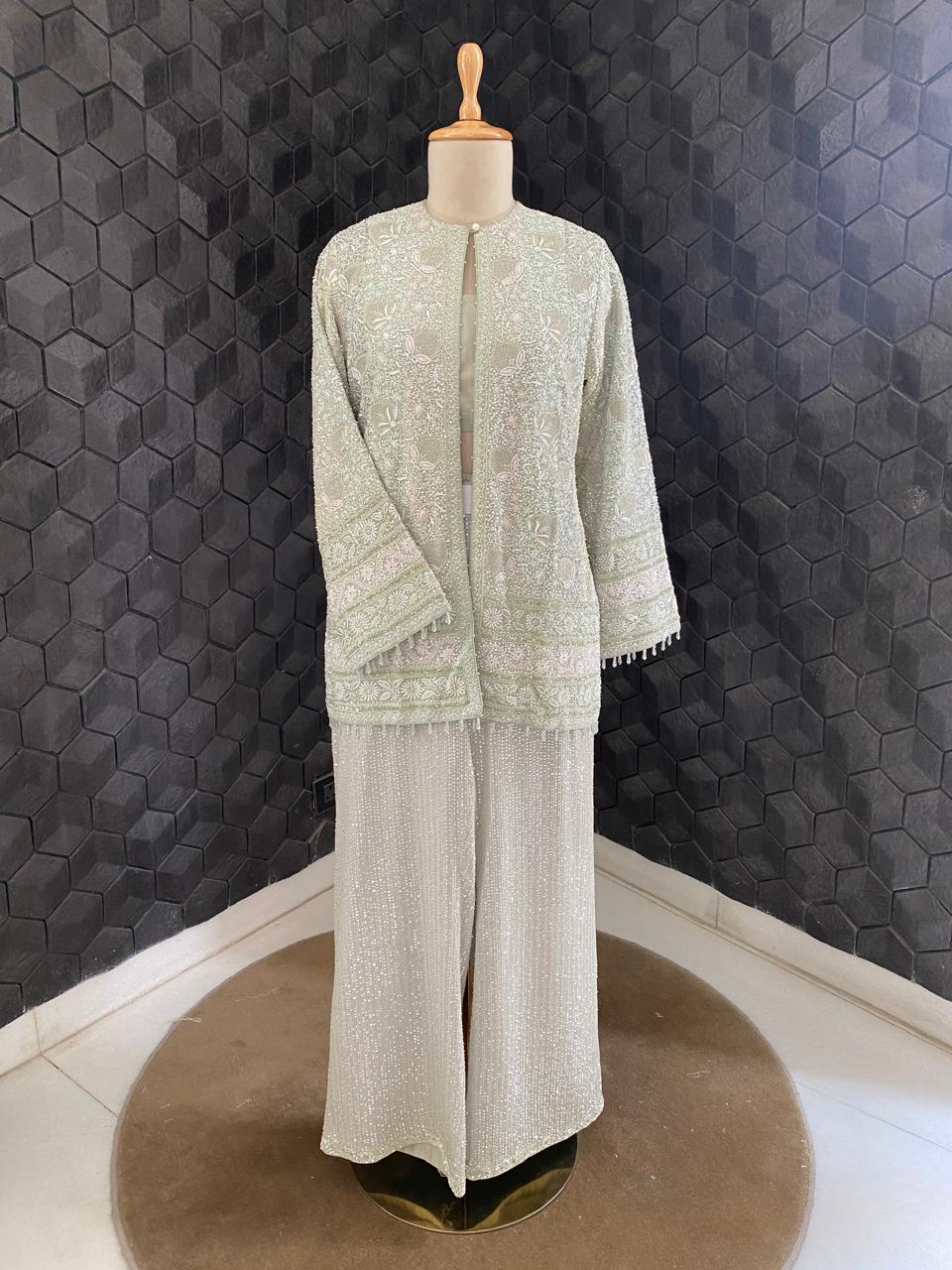 Ice Green Georgette do-taar Chikankari Gillet Jacket Set