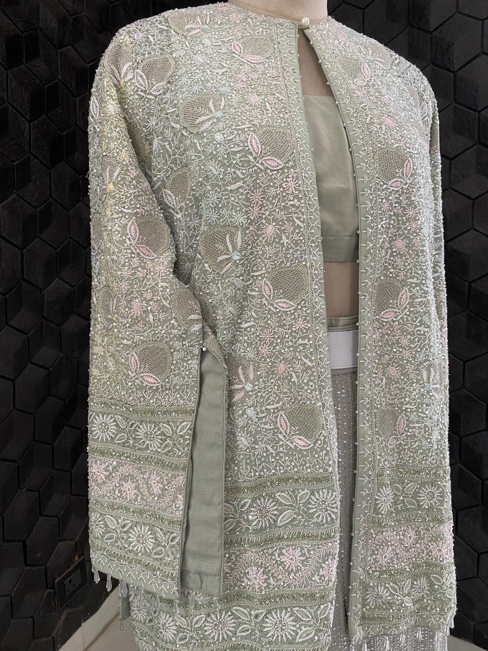 Ice Green Georgette do-taar Chikankari Gillet Jacket Set