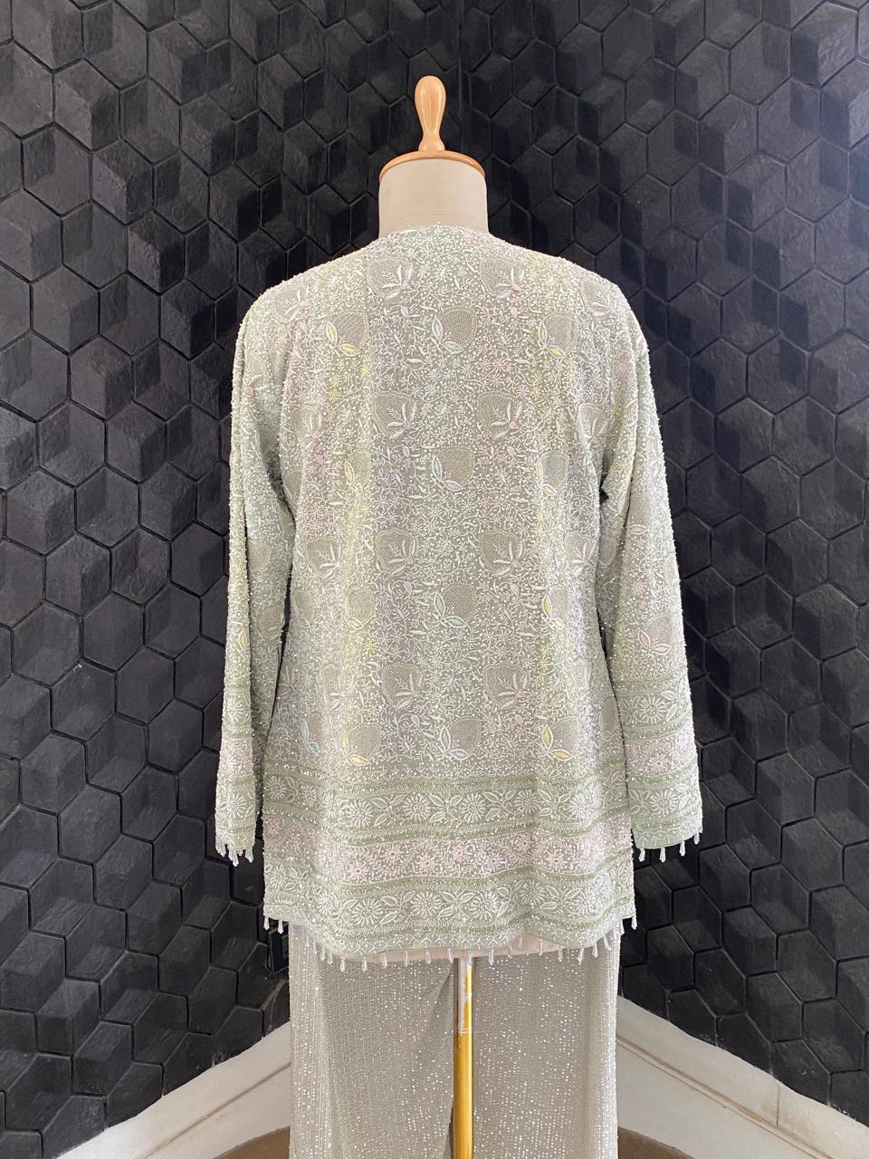 Ice Green Georgette do-taar Chikankari Gillet Jacket Set