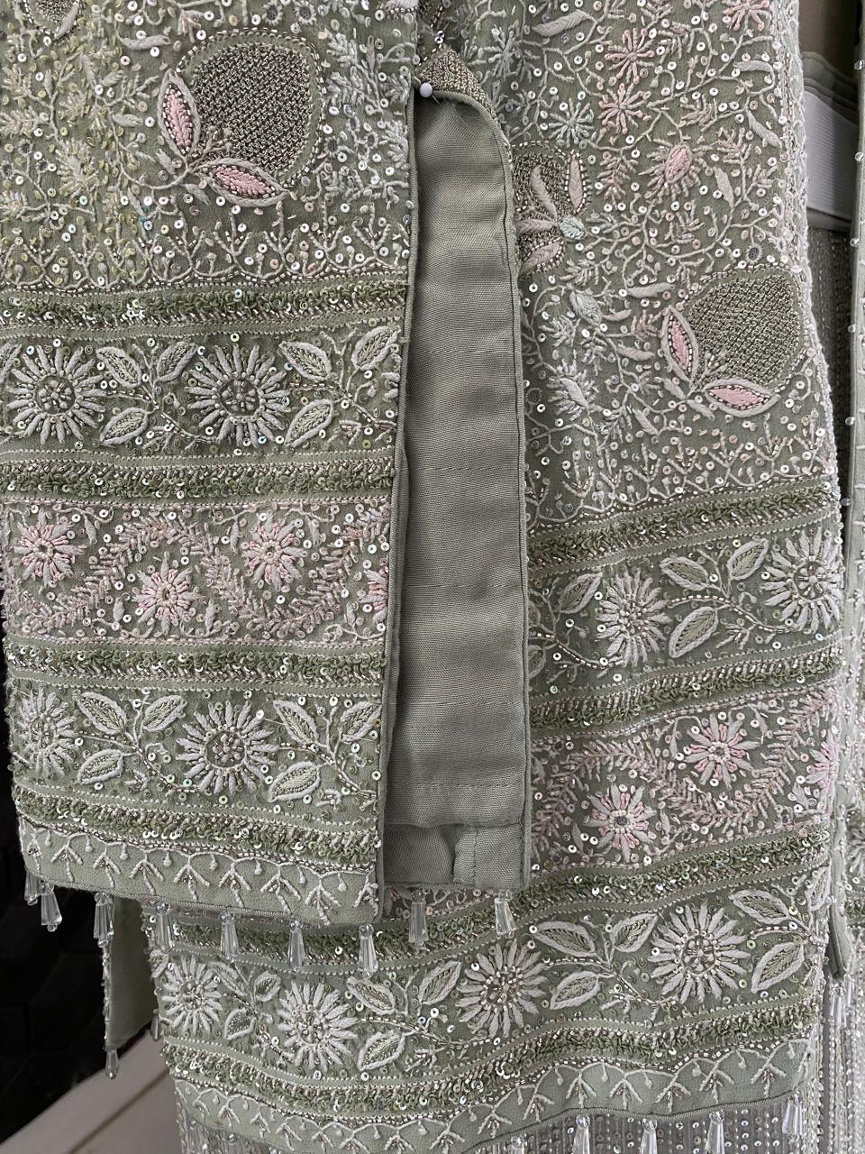 Ice Green Georgette do-taar Chikankari Gillet Jacket Set