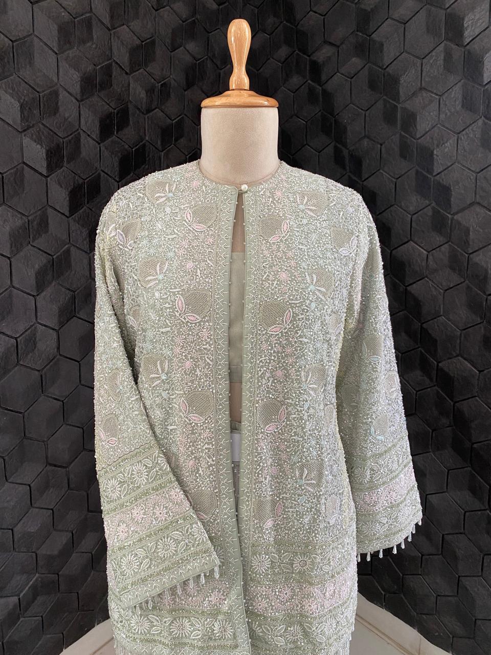 Ice Green Georgette do-taar Chikankari Gillet Jacket Set