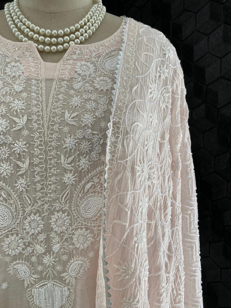 Peach Mul Chanderi Chikankari Kurta Set