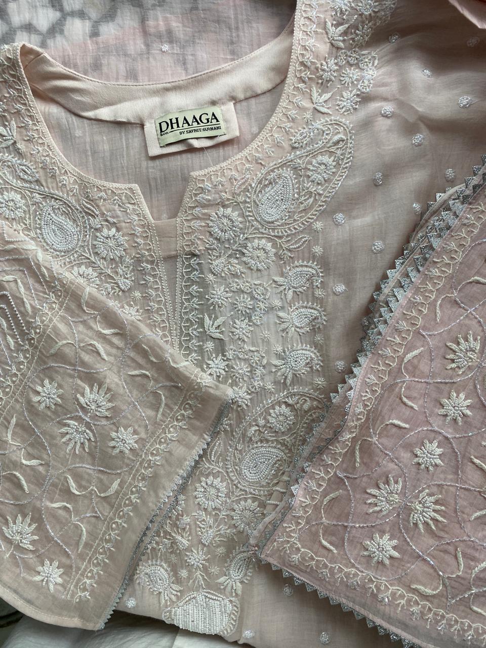 Peach Mul Chanderi Chikankari Kurta Set