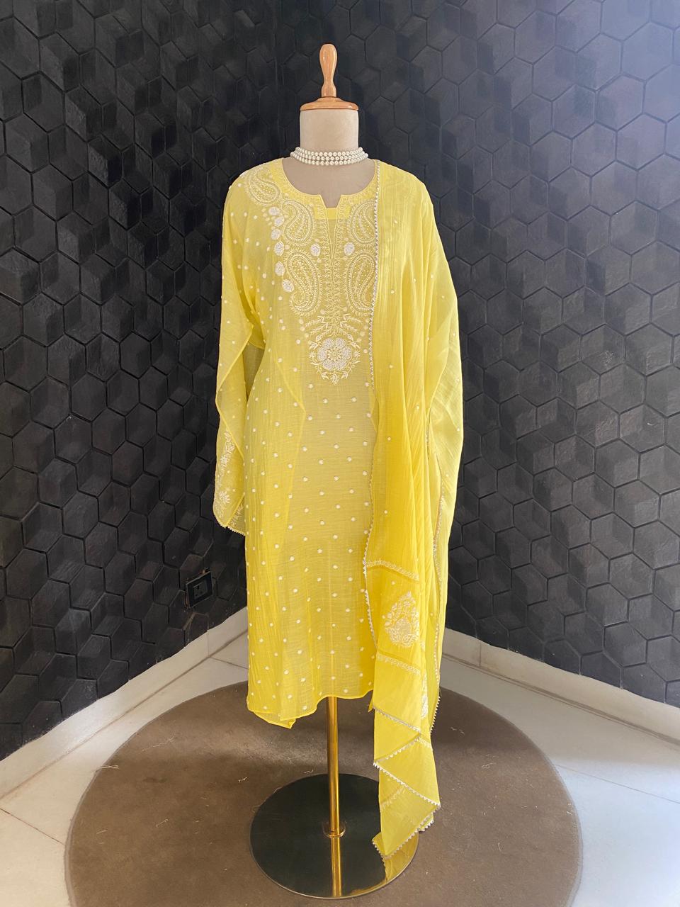 Yellow Mul Chanderi Chikankari Kurta Set