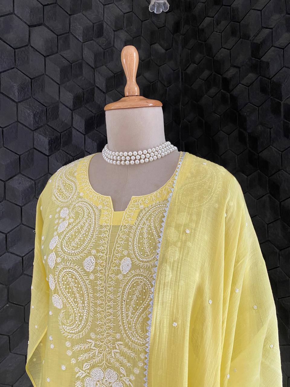 Yellow Mul Chanderi Chikankari Kurta Set