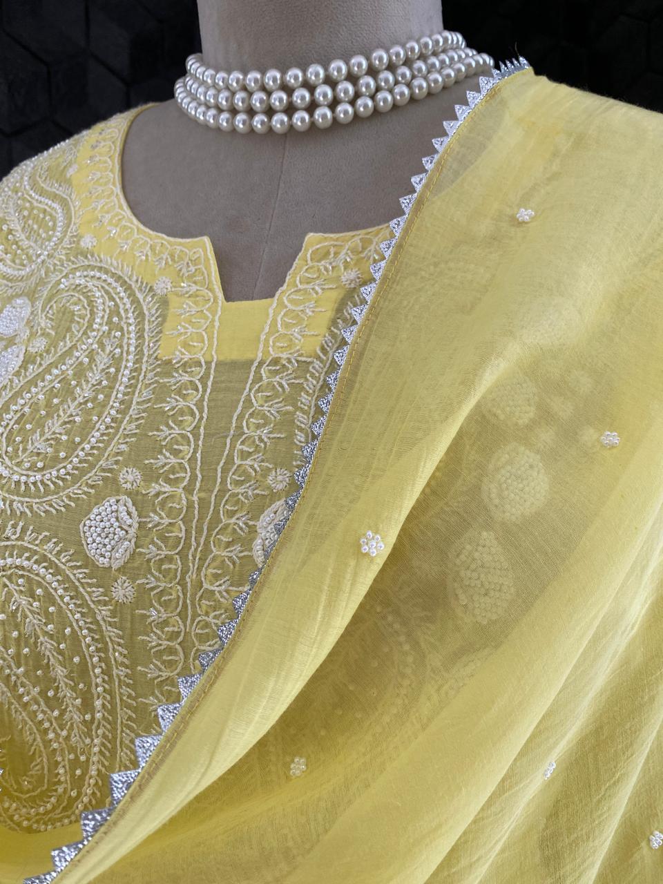 Yellow Mul Chanderi Chikankari Kurta Set