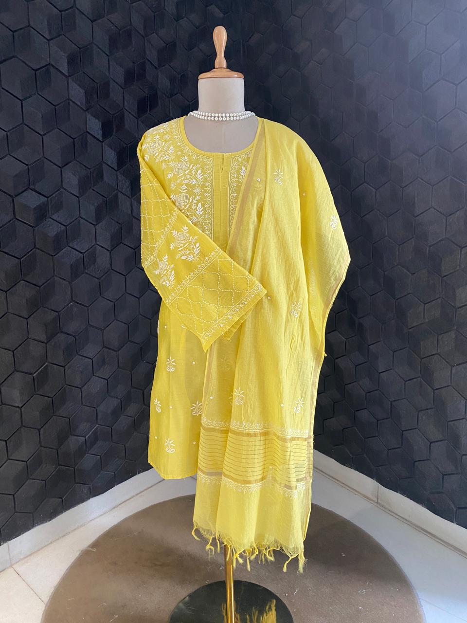 Yellow Mul Chanderi Chikankari Kurta Set