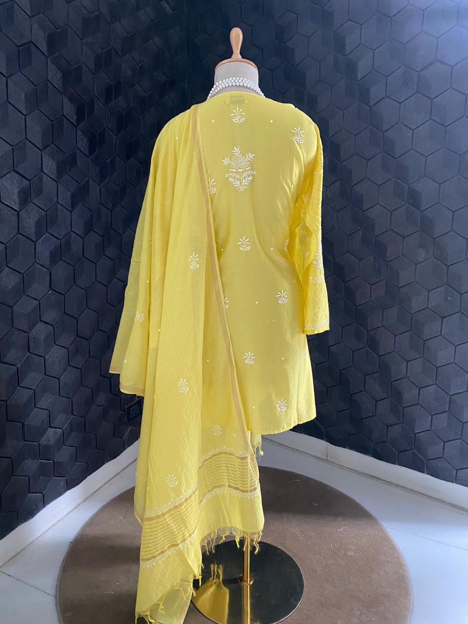 Yellow Mul Chanderi Chikankari Kurta Set