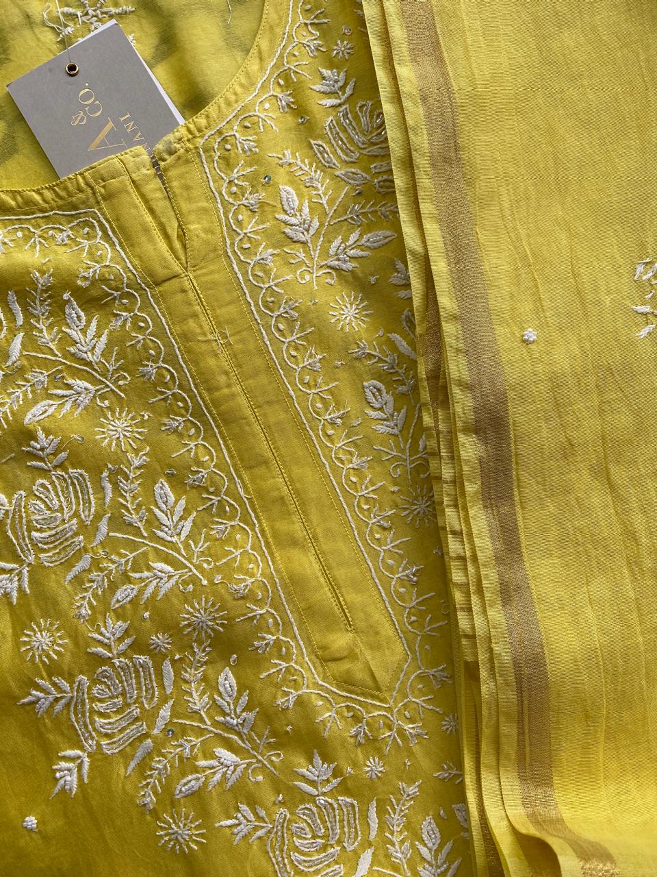 Yellow Mul Chanderi Chikankari Kurta Set