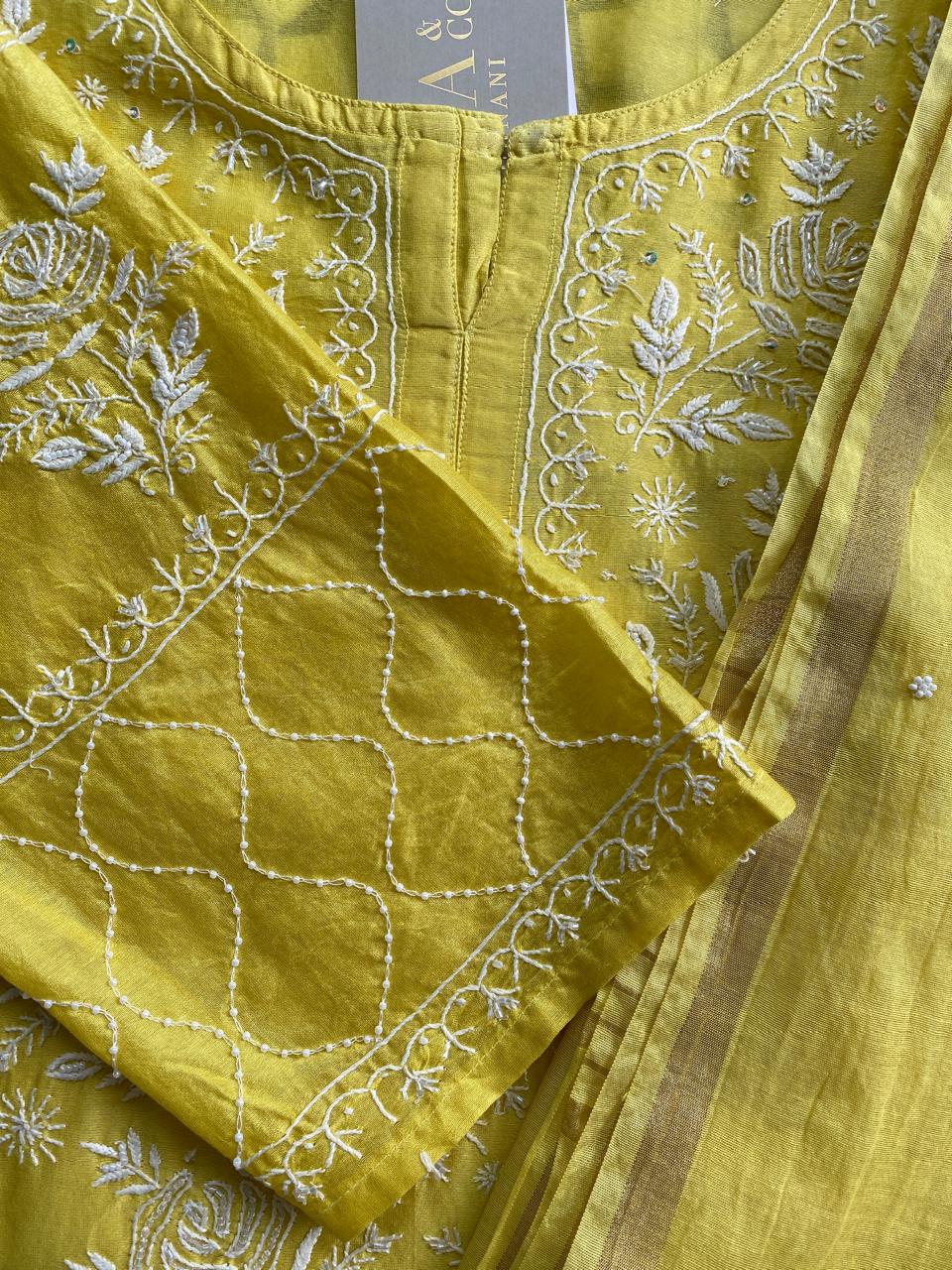 Yellow Mul Chanderi Chikankari Kurta Set