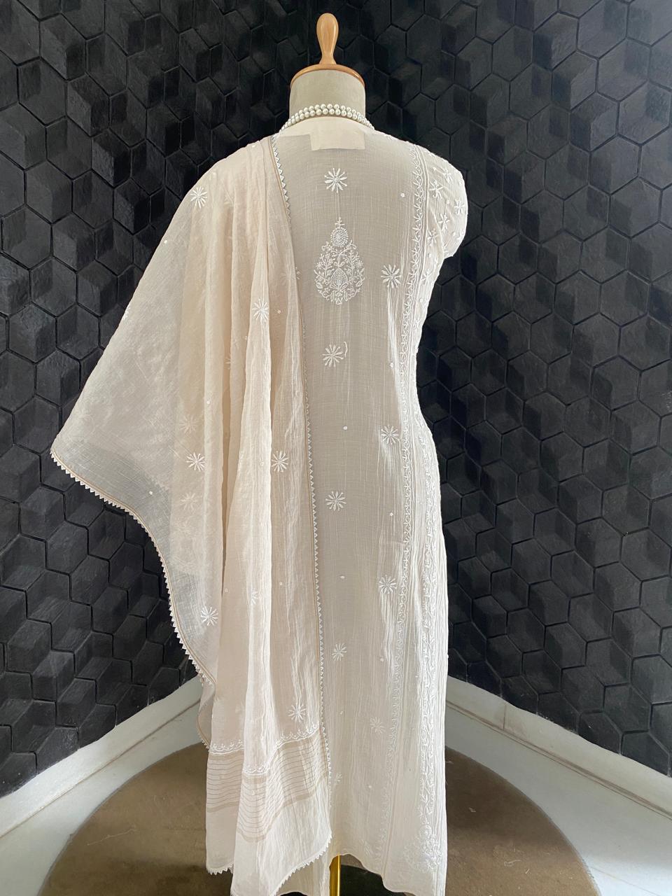 Beige Mul Chanderi Chikankari Kurta Set
