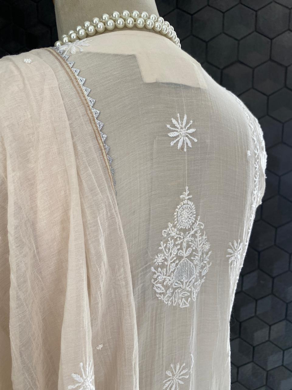 Beige Mul Chanderi Chikankari Kurta Set