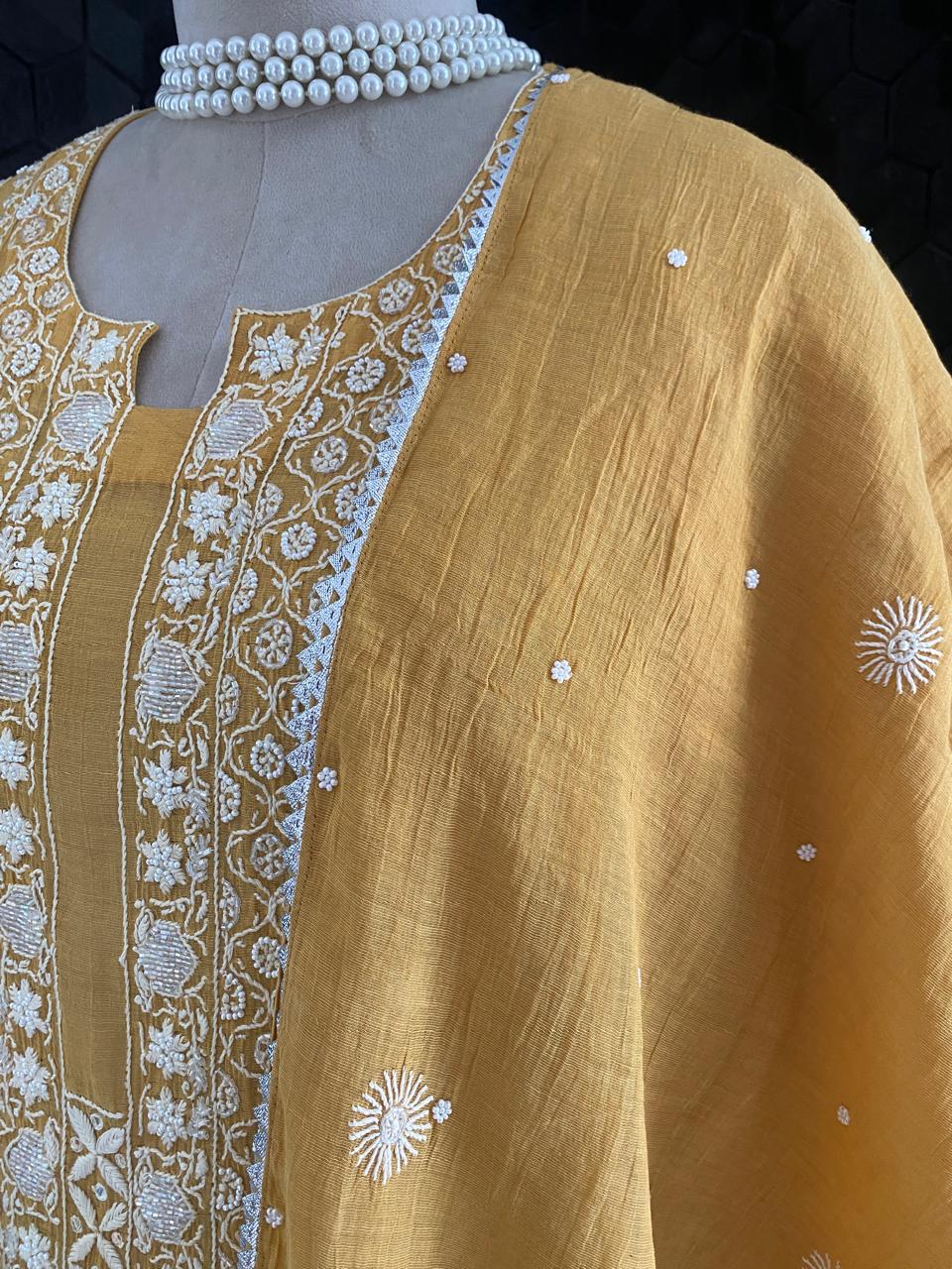 Mustard Yellow Golden Tissue Chikankari Kurta Set