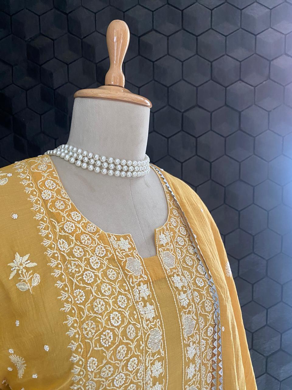 Mustard Yellow Golden Tissue Chikankari Kurta Set
