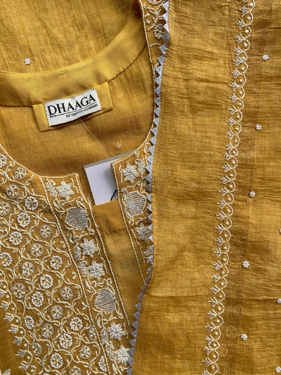 Mustard Yellow Golden Tissue Chikankari Kurta Set
