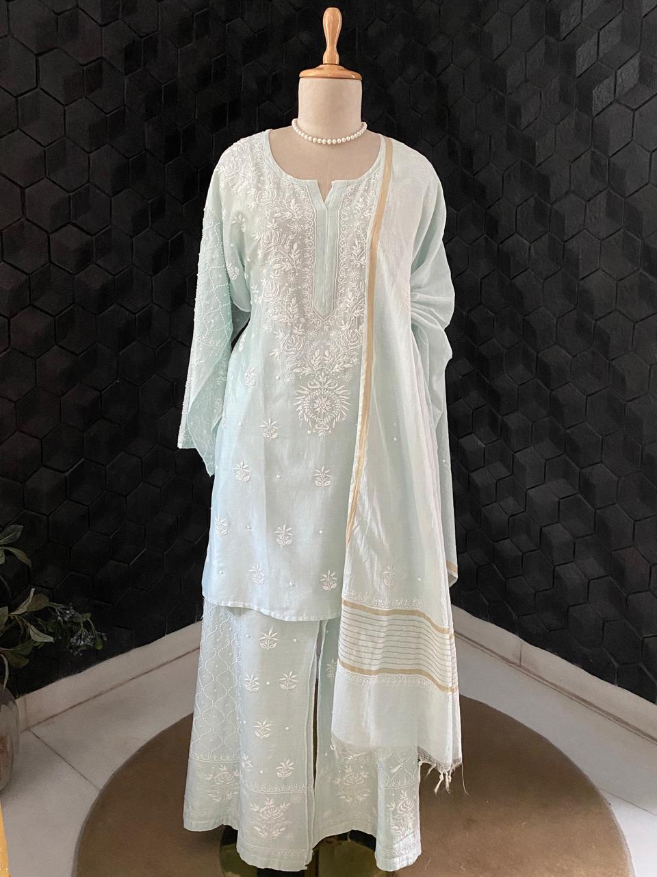 Sea Green Mul Chikankari Co-ord set