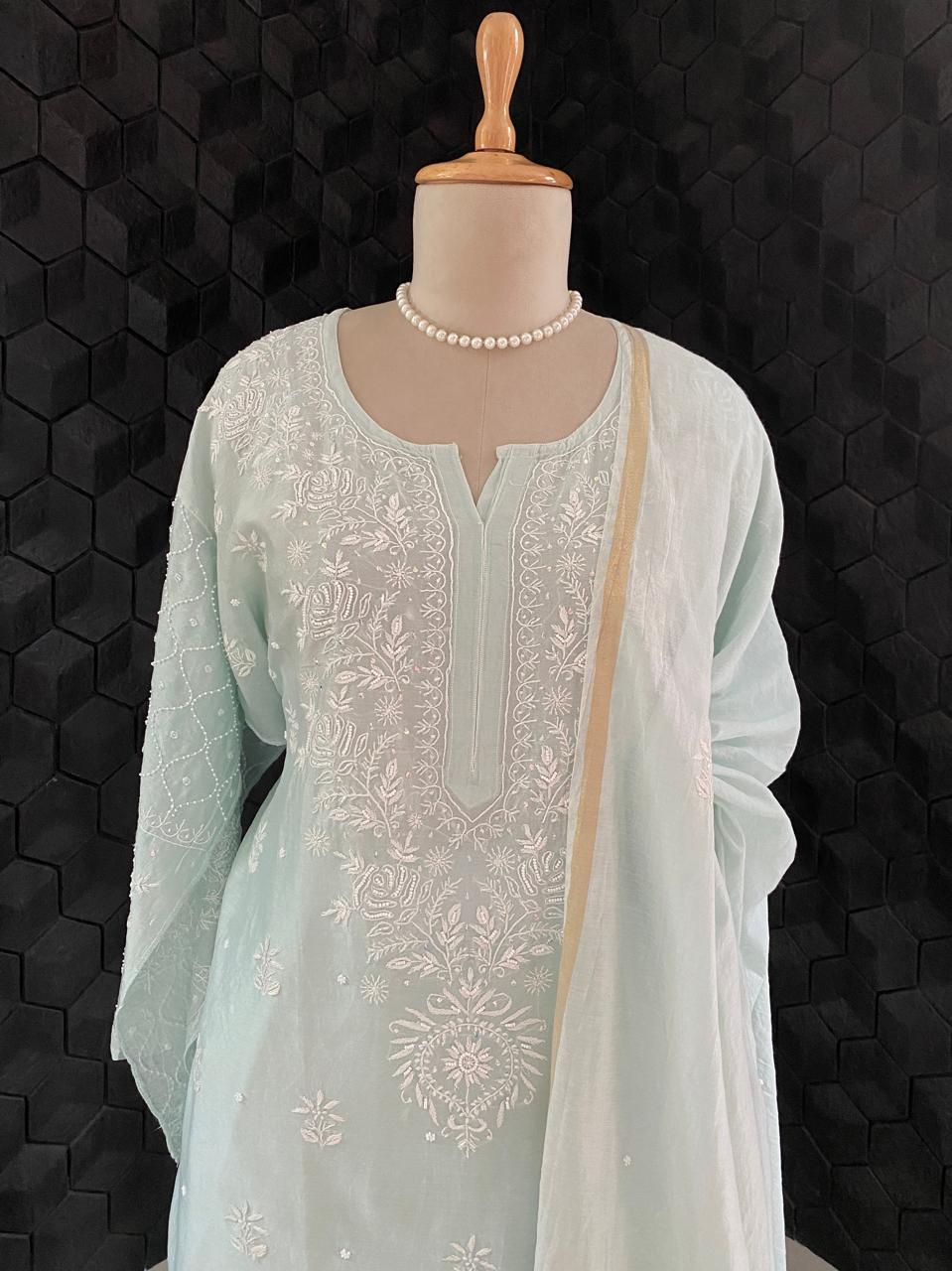 Sea Green Mul Chikankari Co-ord set