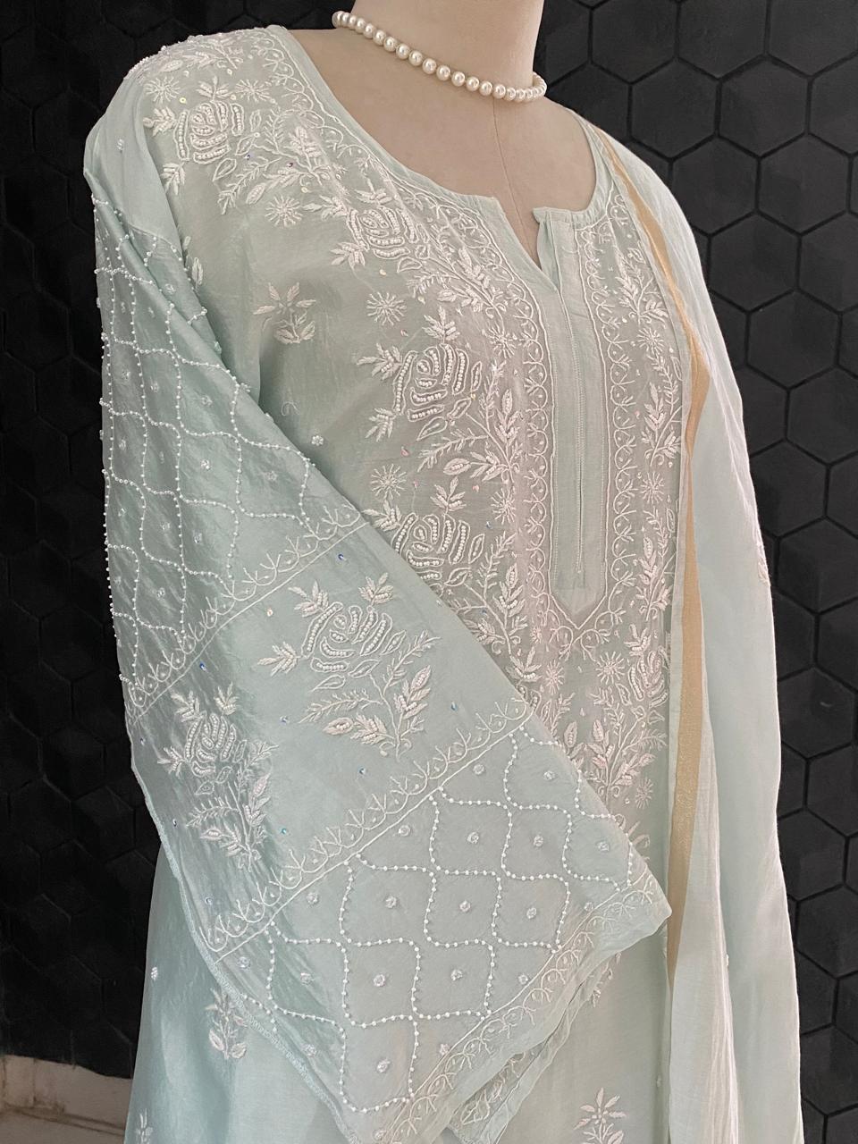 Sea Green Mul Chikankari Co-ord set
