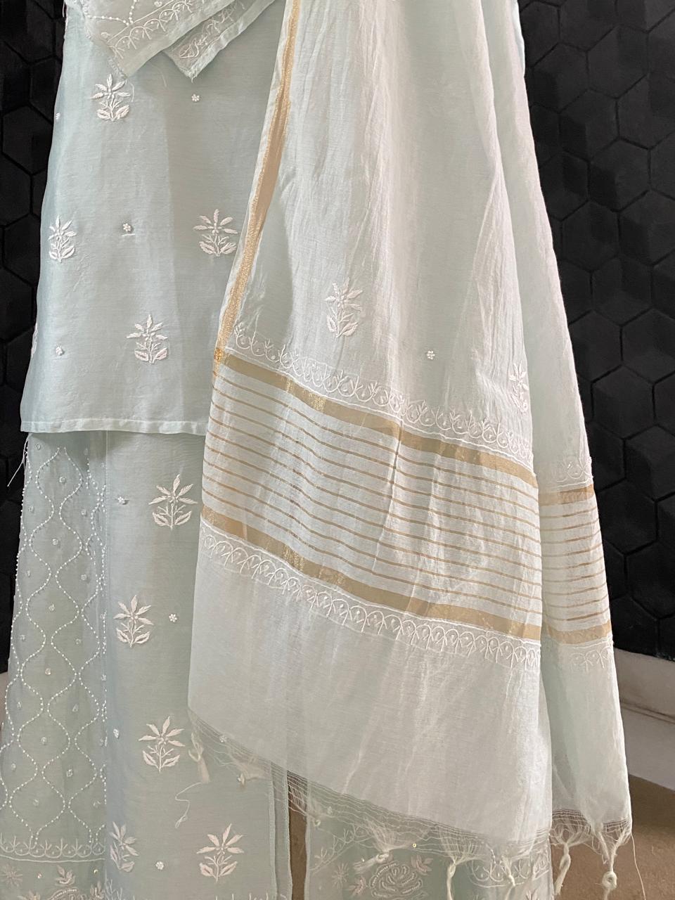 Sea Green Mul Chikankari Co-ord set
