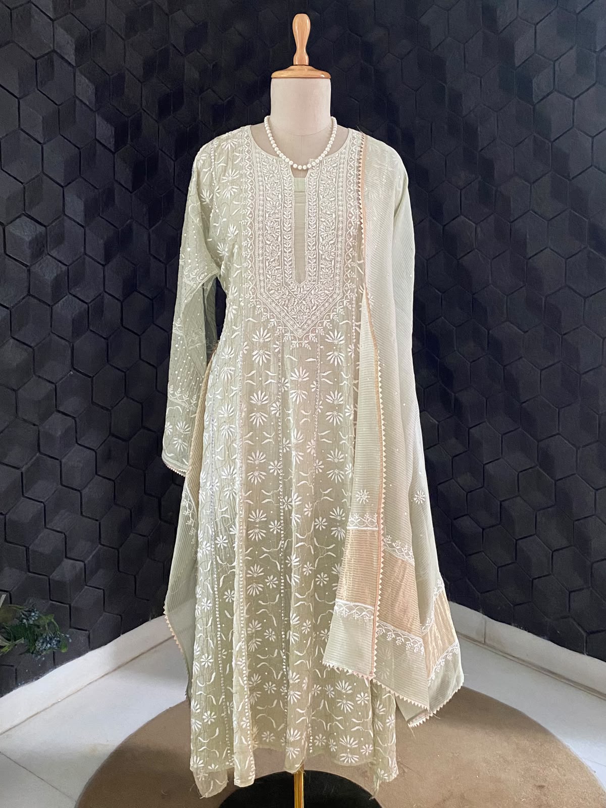 Pista Green Anarkali Suit in Mul Chanderi