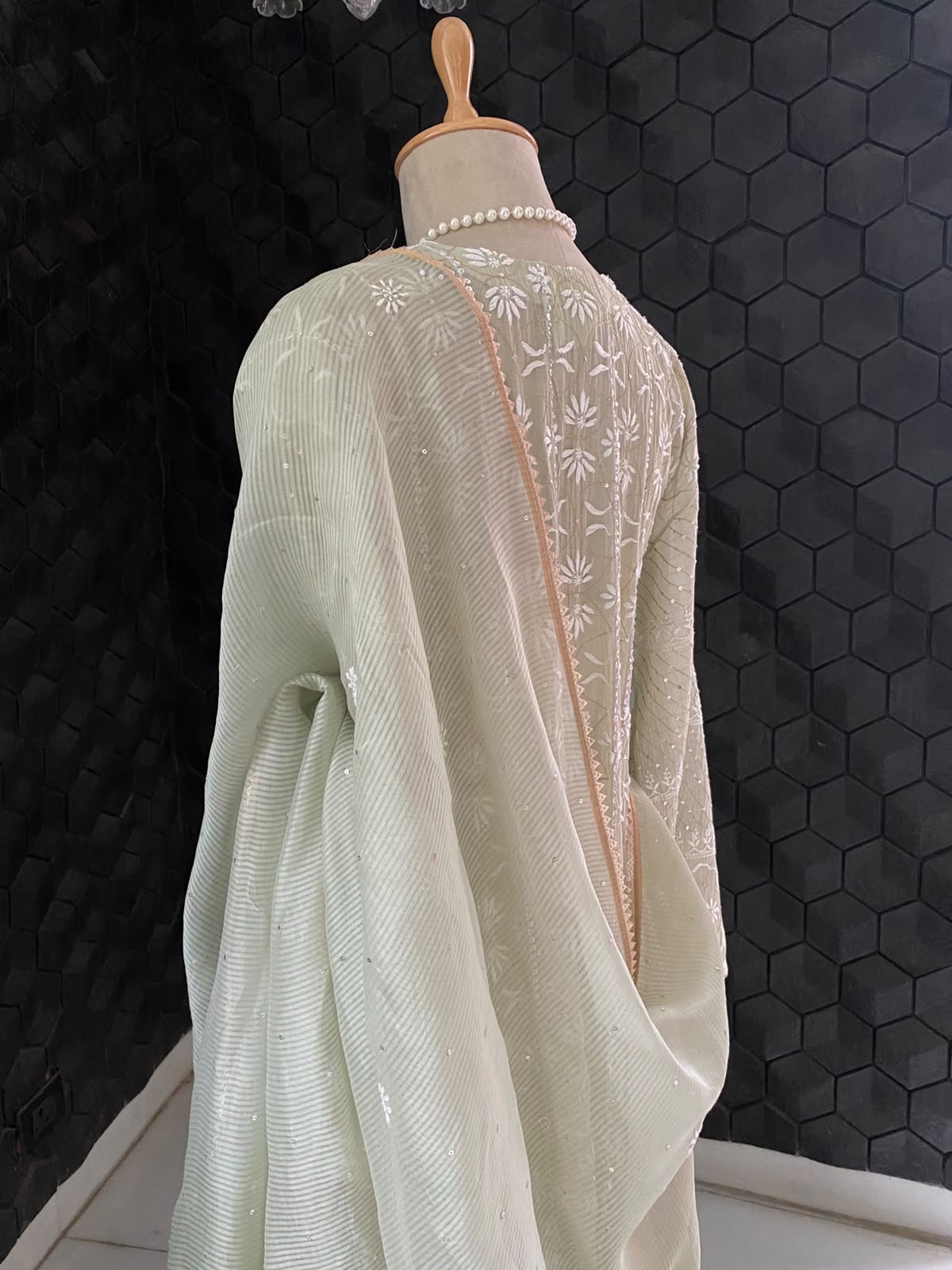 Pista Green Anarkali Suit in Mul Chanderi