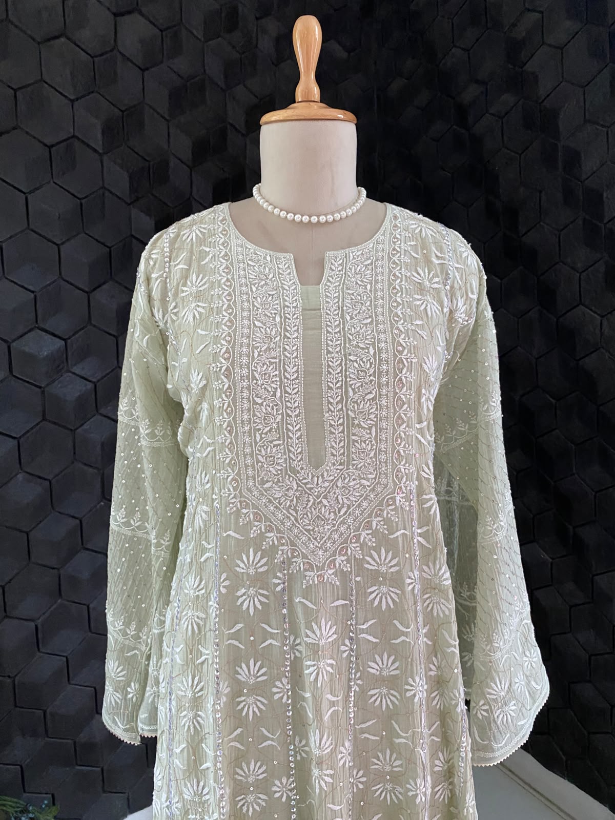 Pista Green Anarkali Suit in Mul Chanderi
