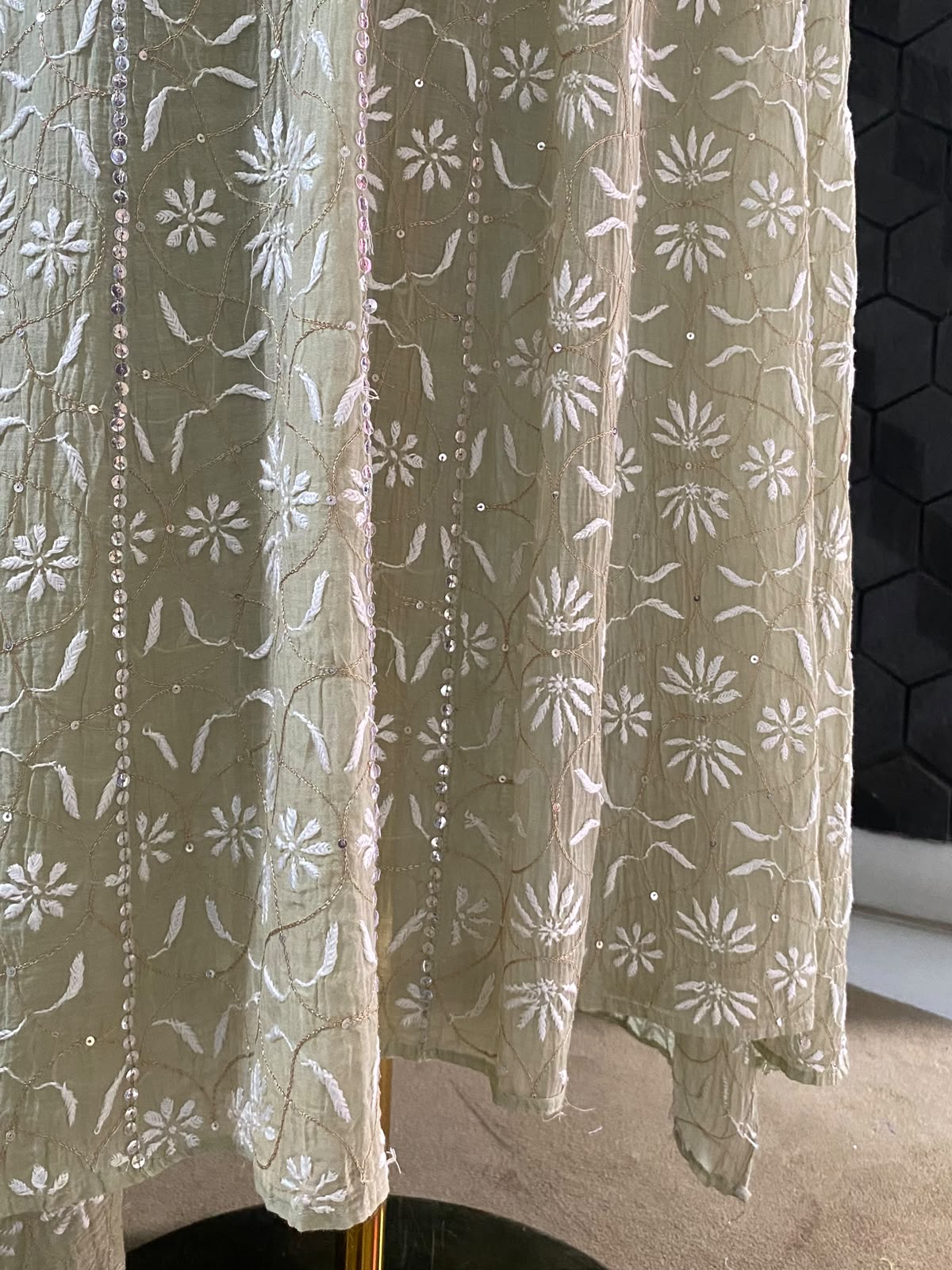 Pista Green Anarkali Suit in Mul Chanderi