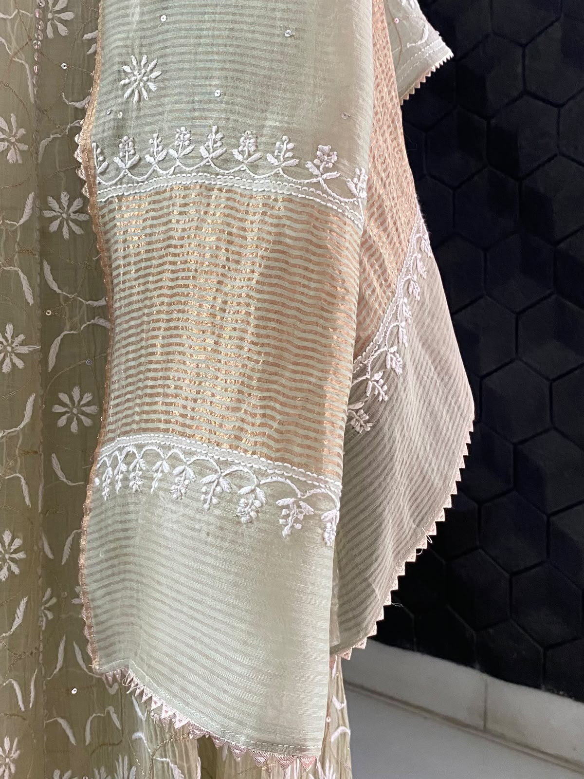 Pista Green Anarkali Suit in Mul Chanderi