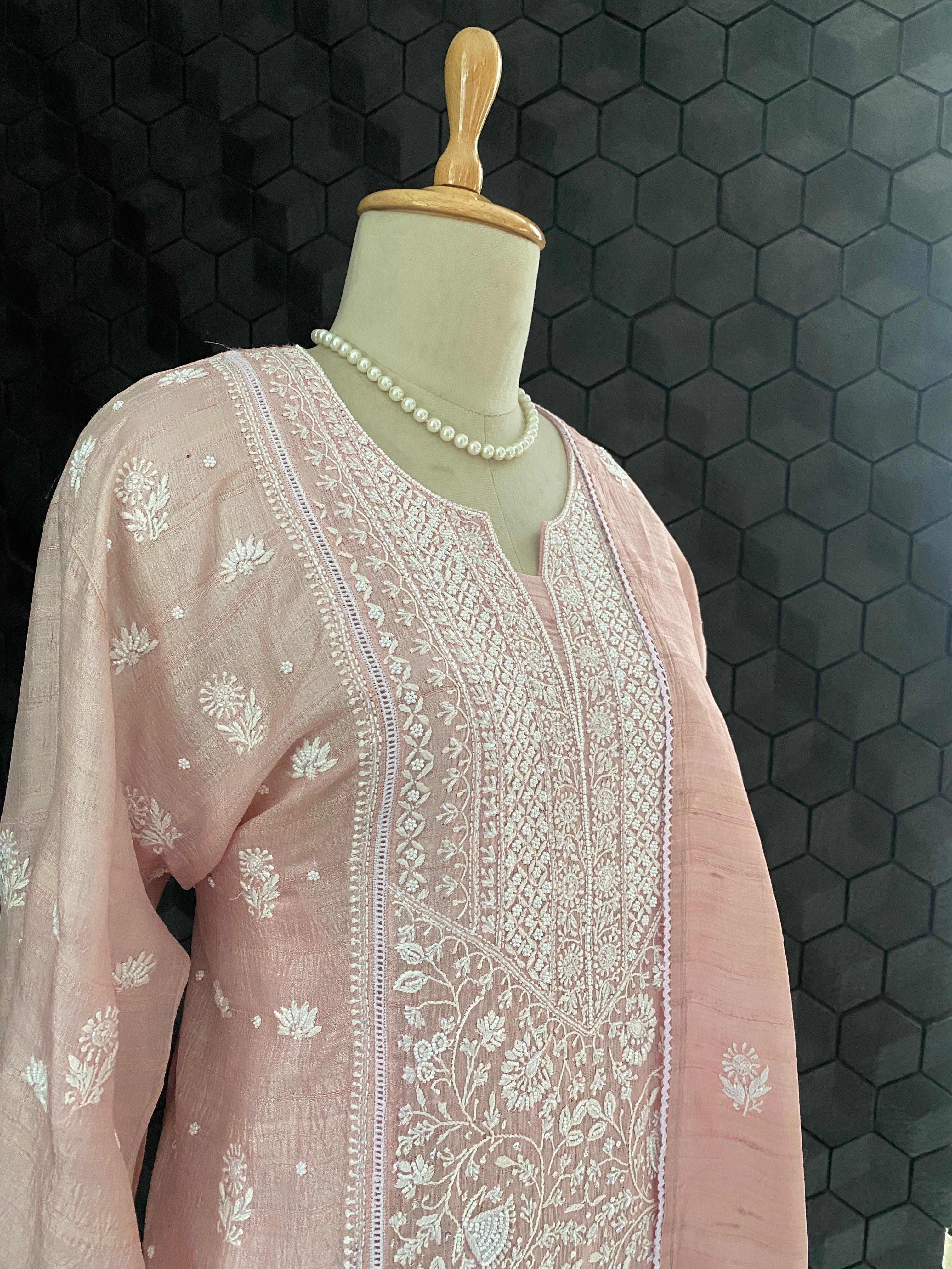 Pink Tusar silk Chikankari Kurta Set