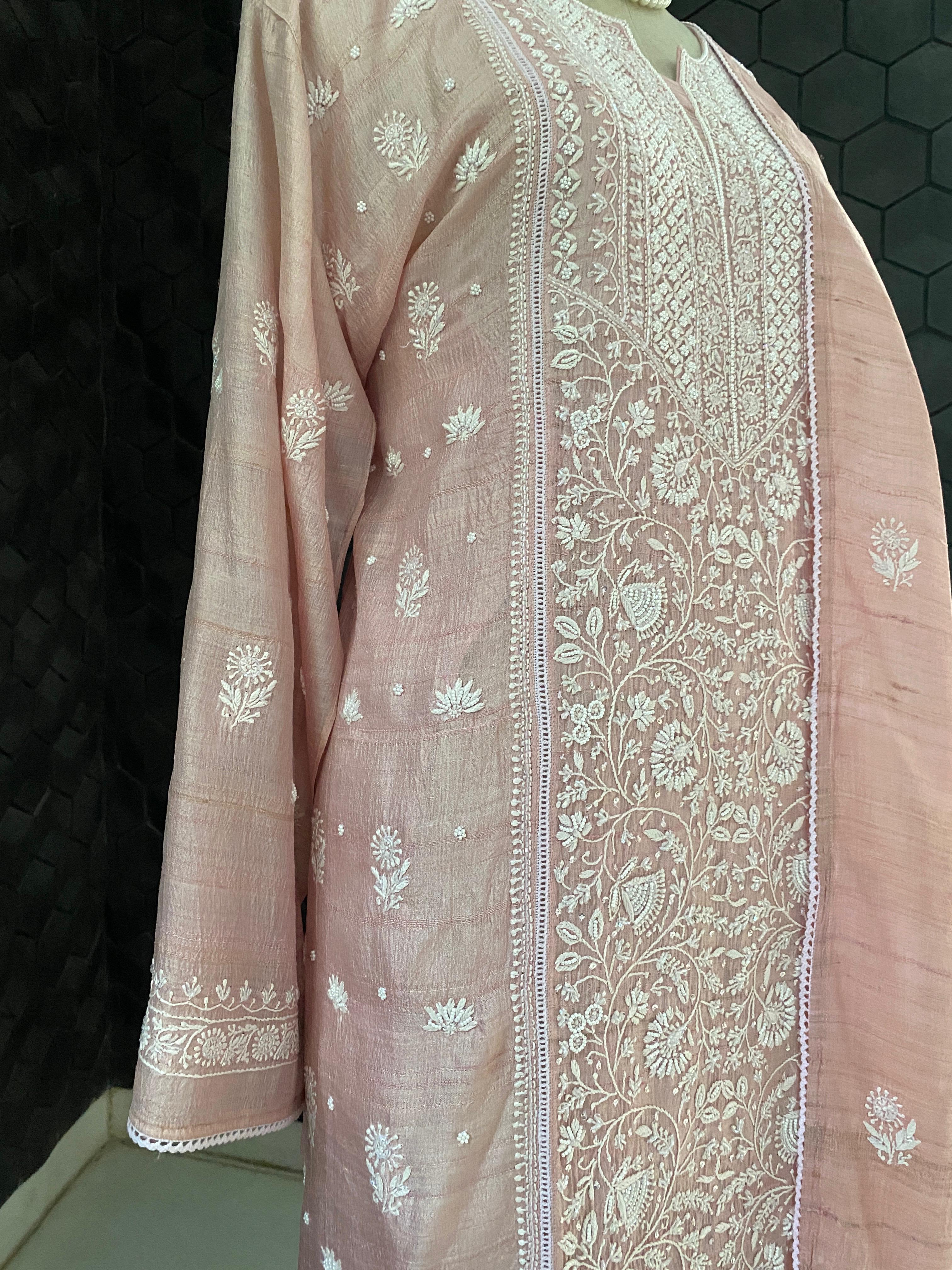Pink Tusar silk Chikankari Kurta Set