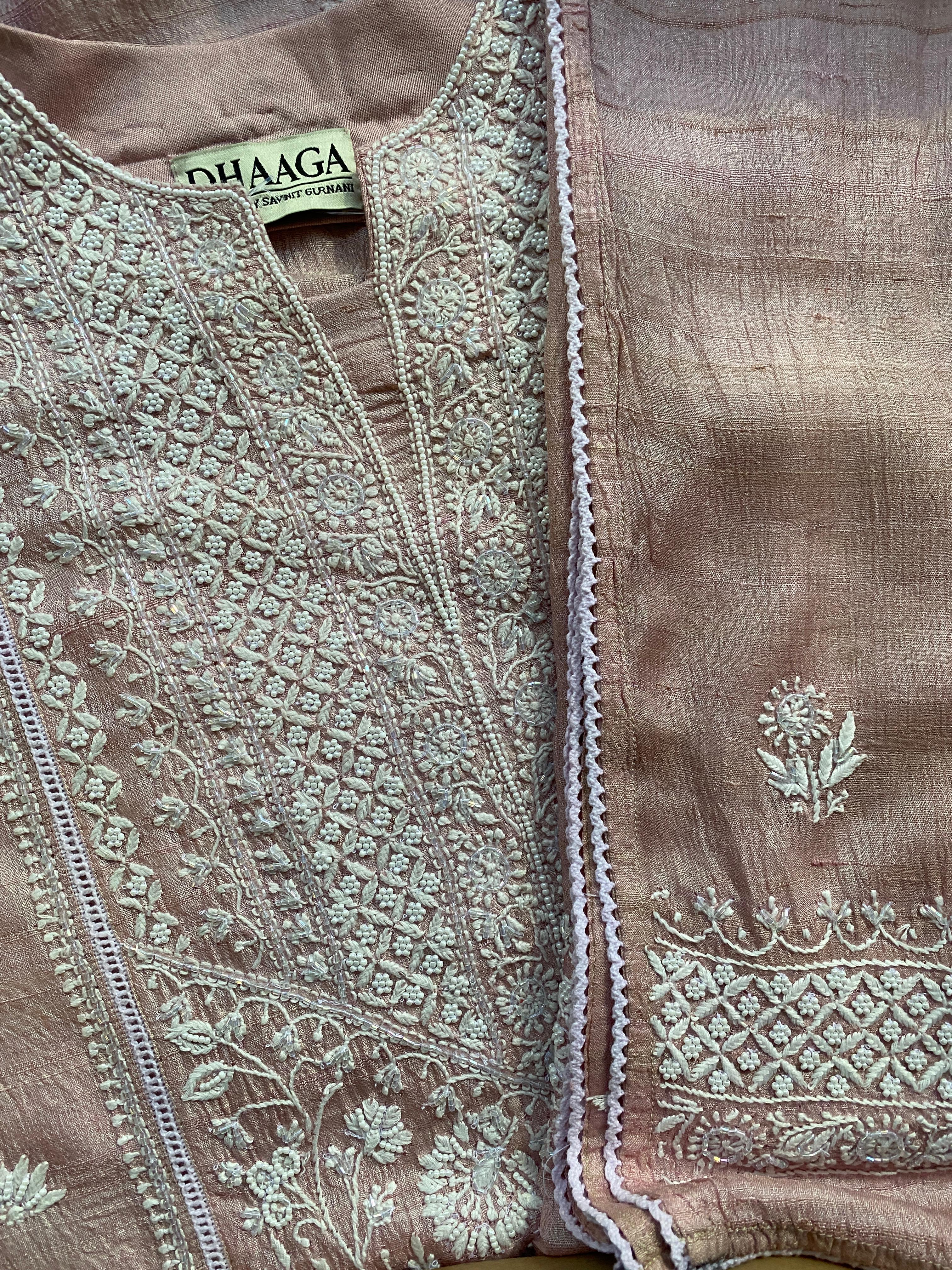 Pink Tusar silk Chikankari Kurta Set