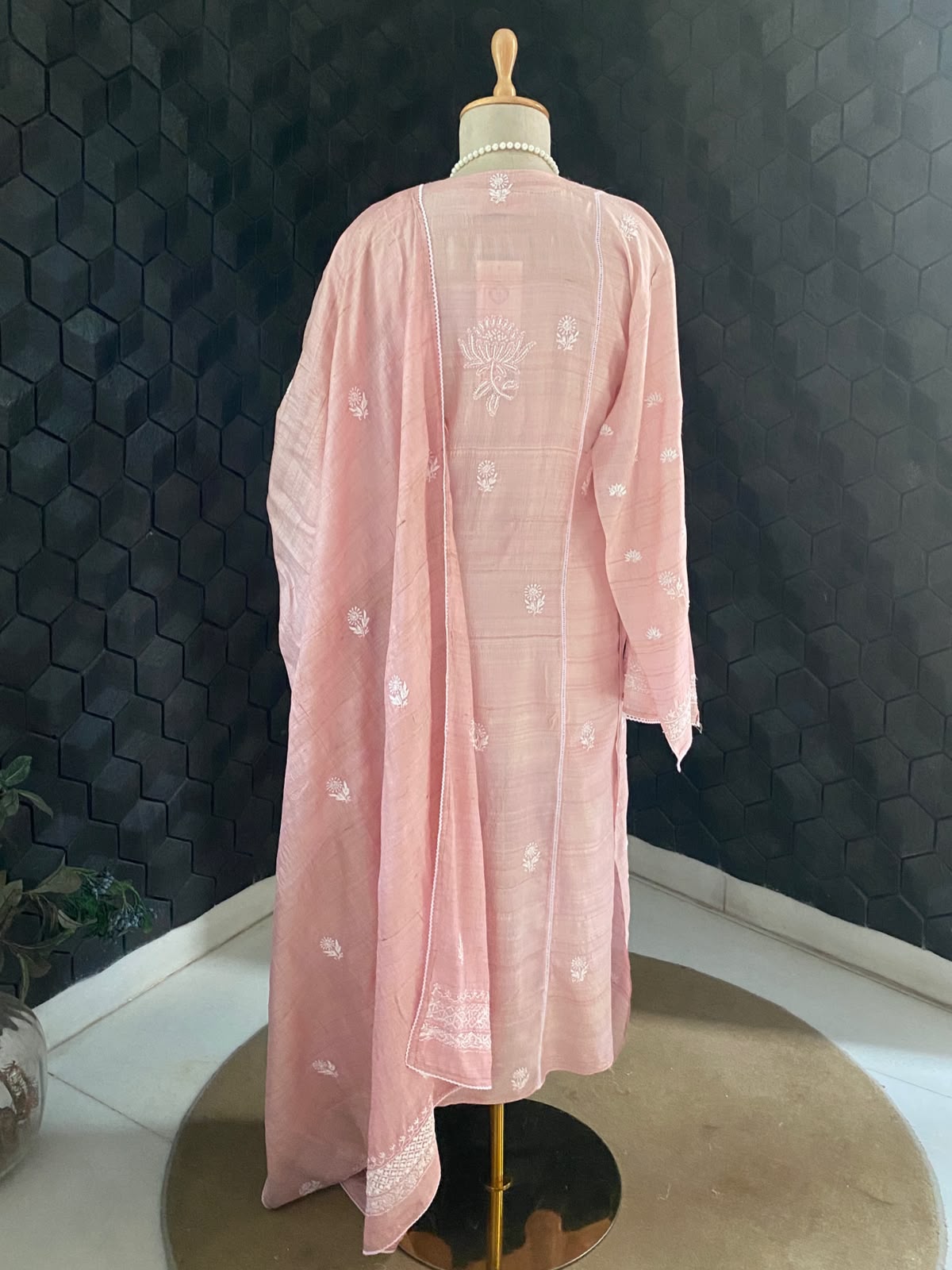 Pink Tusar silk Chikankari Kurta Set
