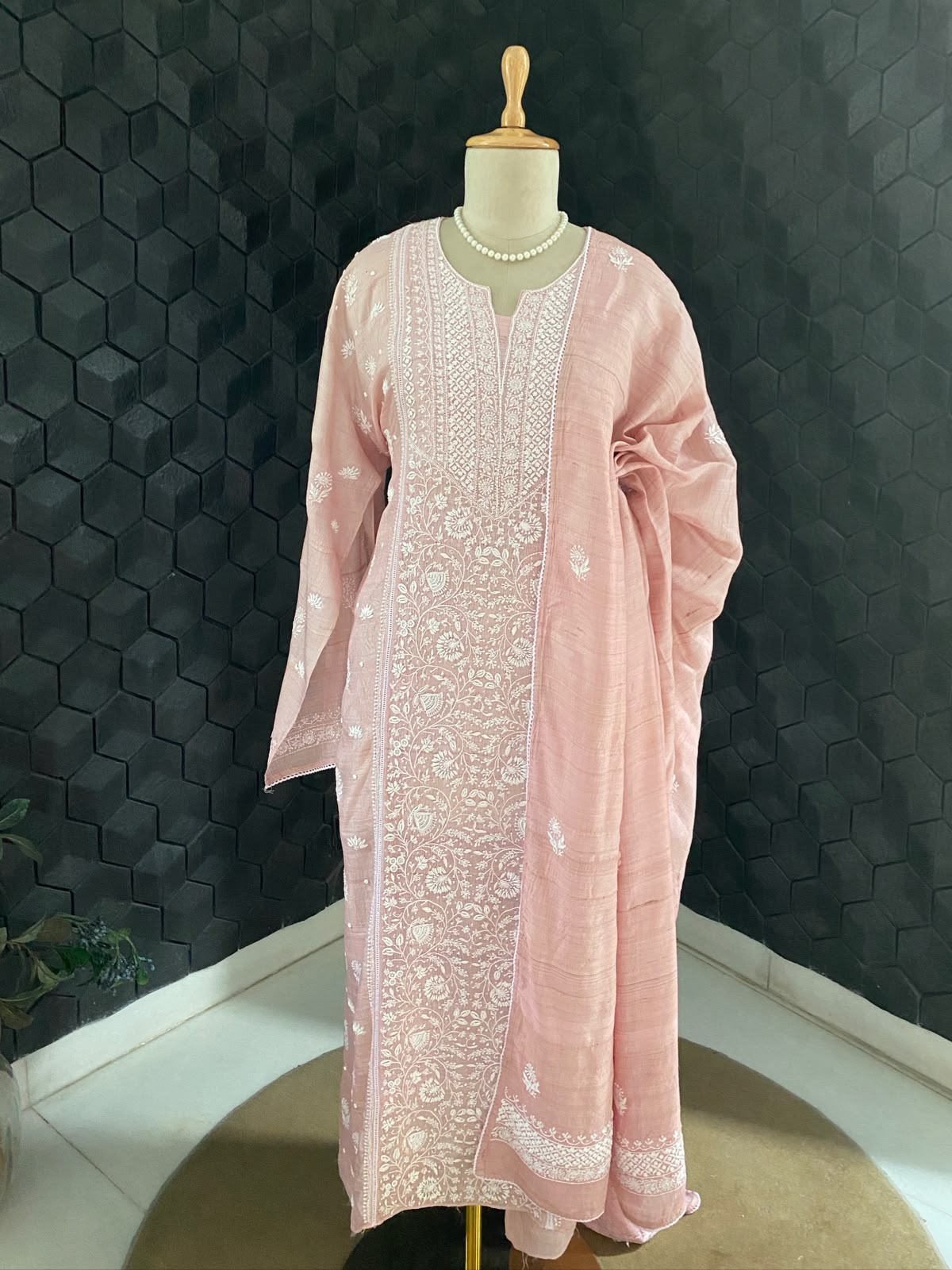 Pink Tusar silk Chikankari Kurta Set