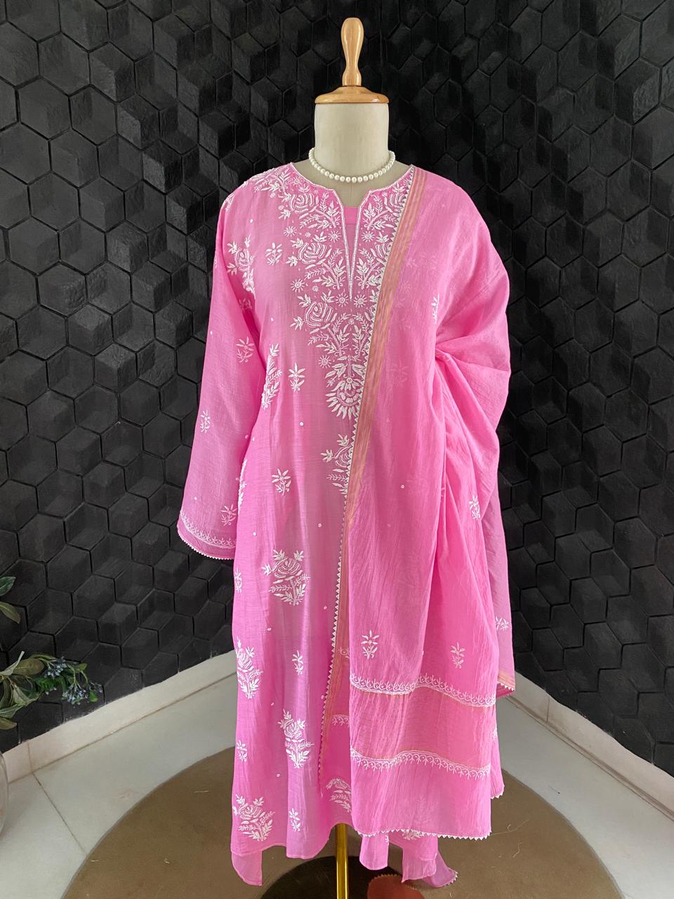 Bright Pink Mul Chanderi Chikankari Kurta Set