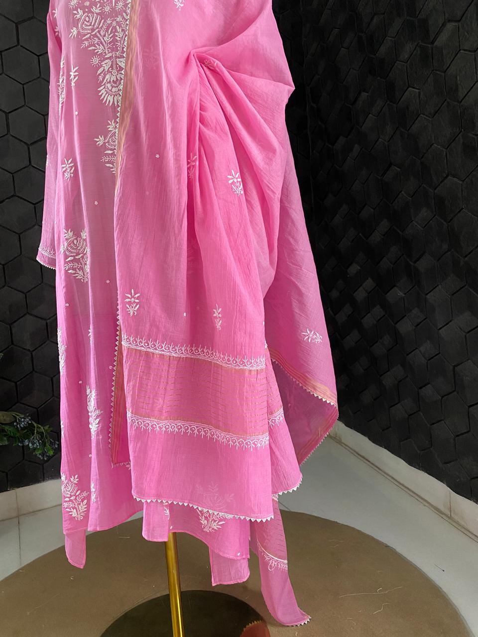 Bright Pink Mul Chanderi Chikankari Kurta Set