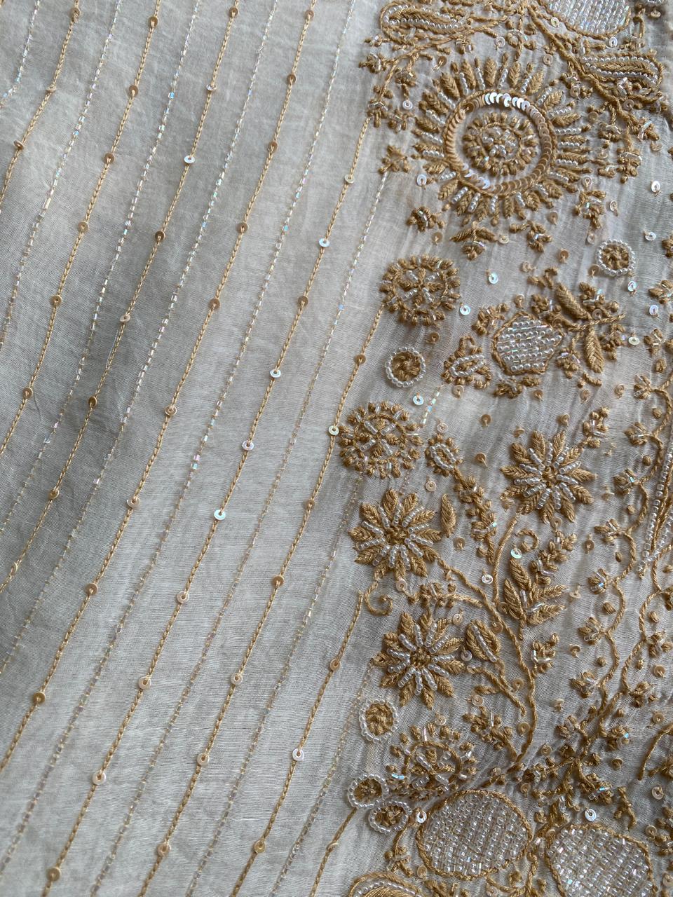 Beige Mul Chanderi Chikankari Kurta Set
