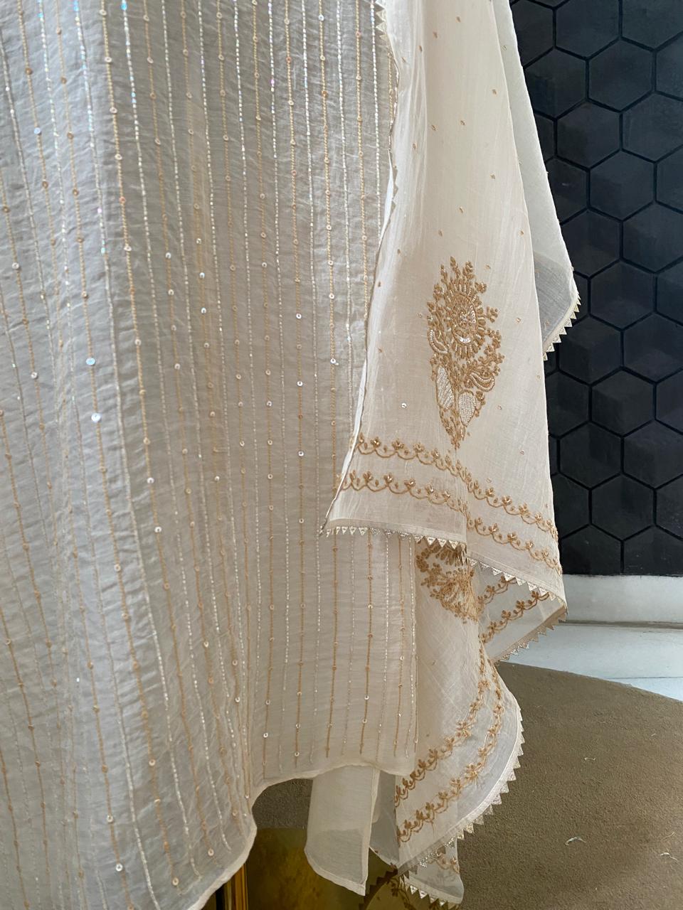 Beige Mul Chanderi Chikankari Kurta Set
