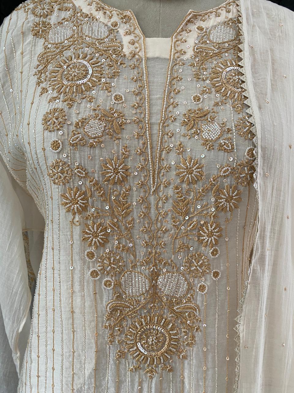Beige Mul Chanderi Chikankari Kurta Set