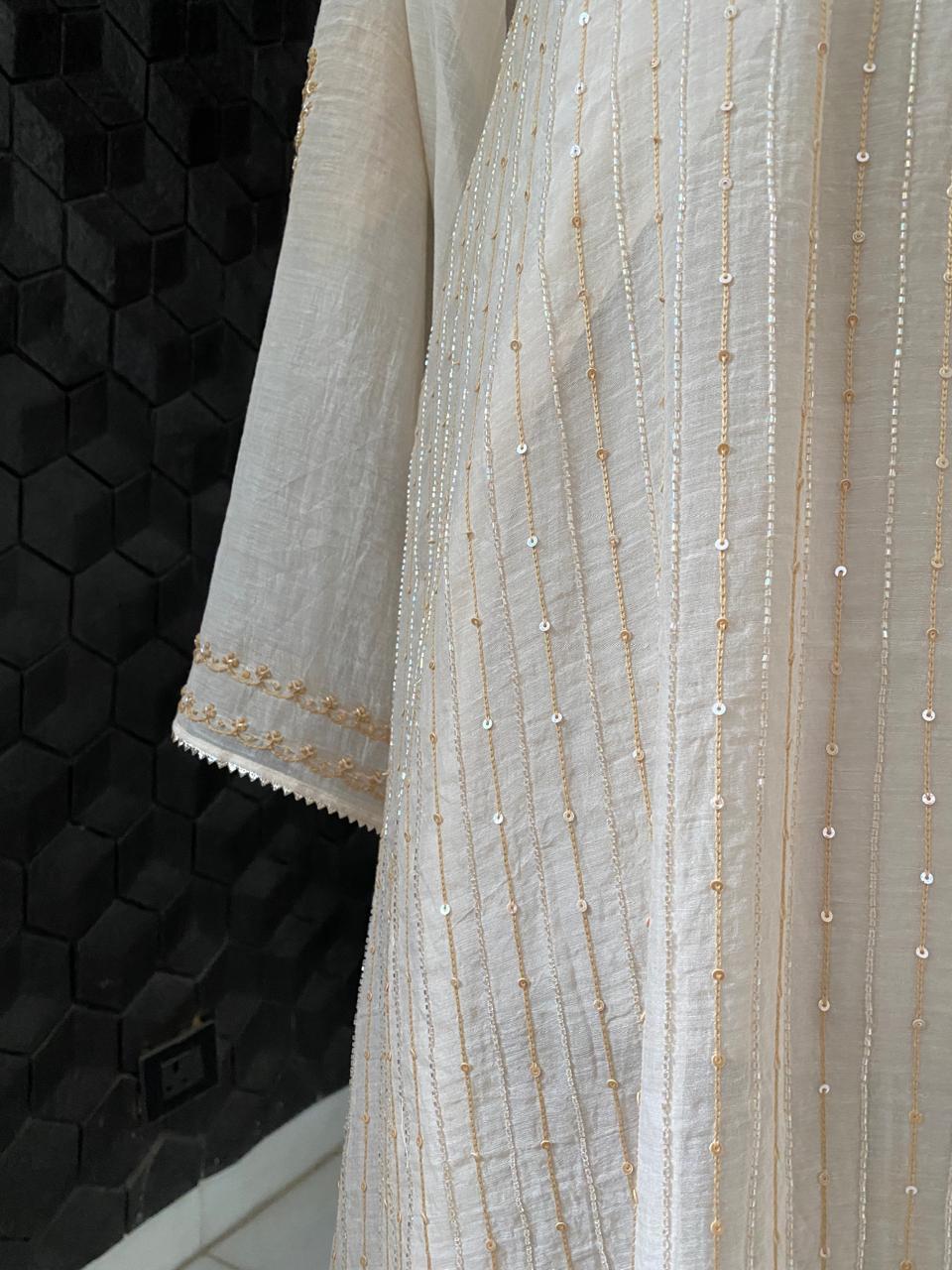 Beige Mul Chanderi Chikankari Kurta Set