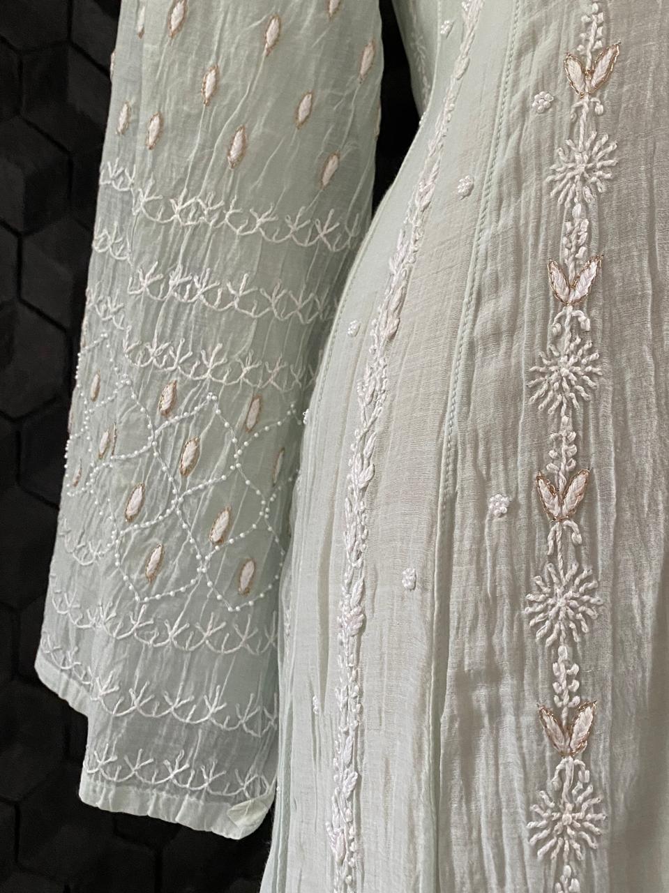 Sea Green Mul Chanderi Chikankari Anarkali Set