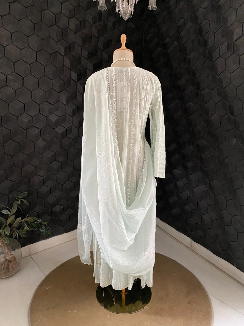 Sea Green Mul Chanderi Chikankari Anarkali Set