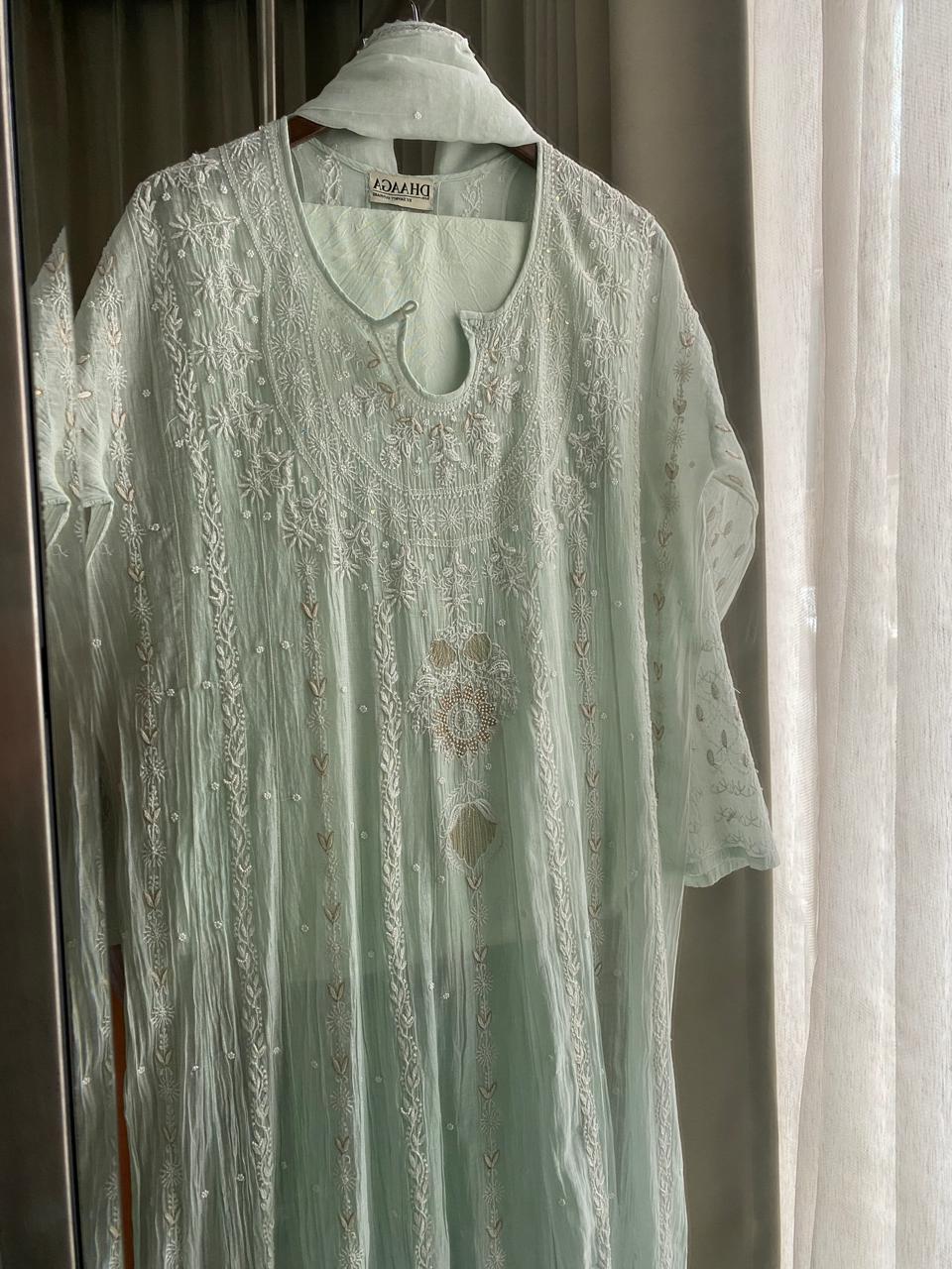 Sea Green Mul Chanderi Chikankari Anarkali Set