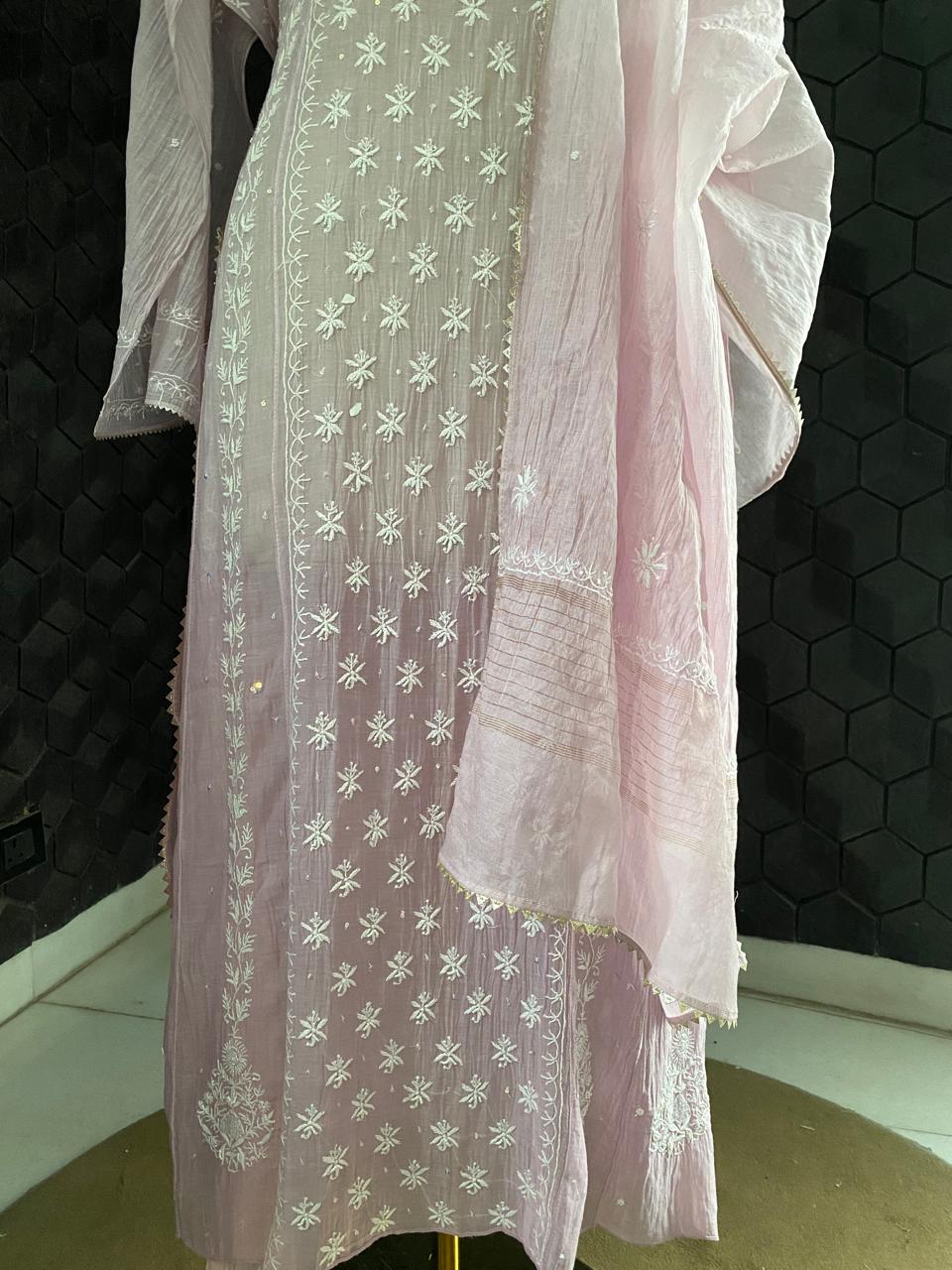 Lilac Mul Chanderi Chikankari Kurta Set