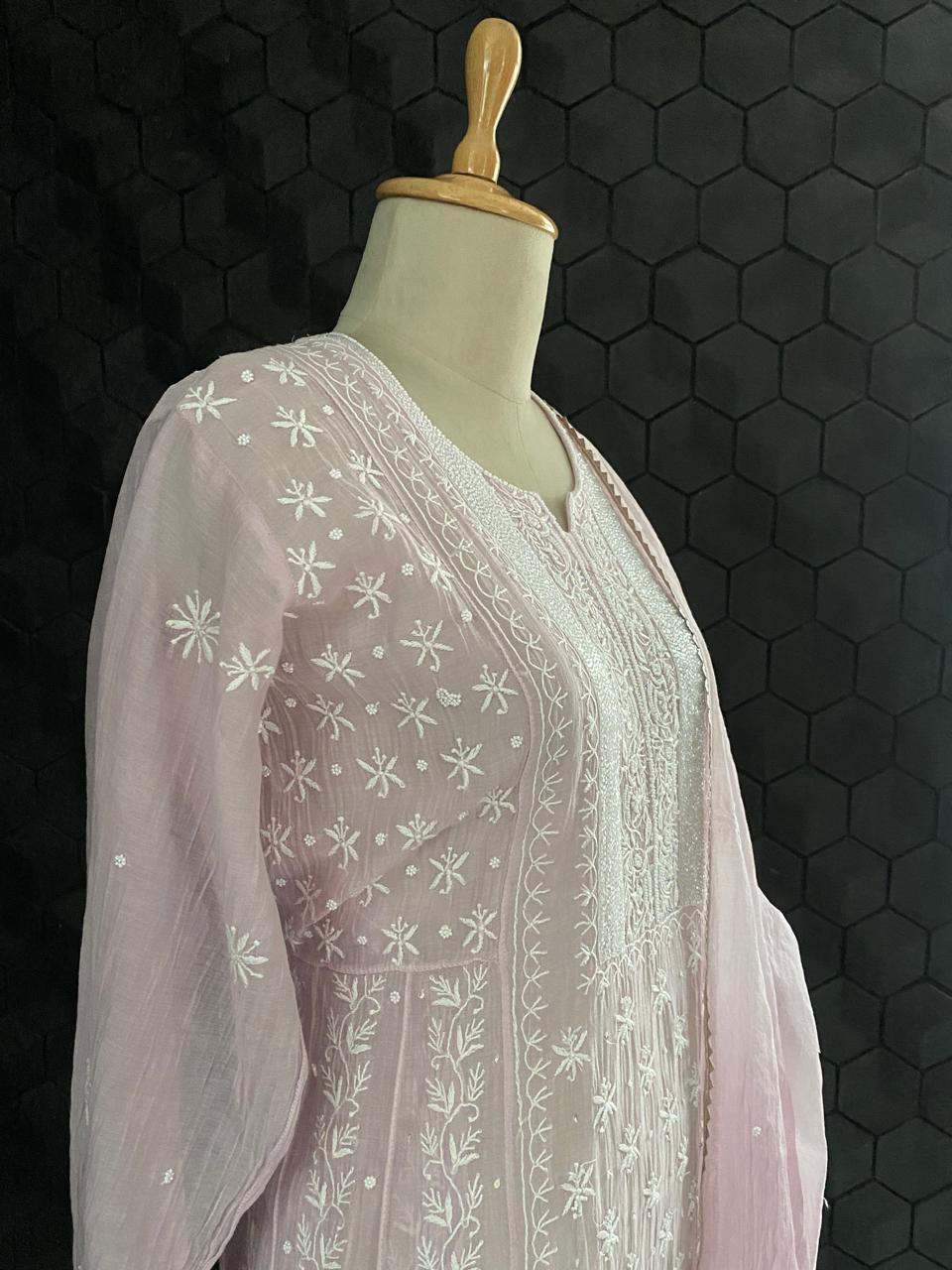 Lilac Mul Chanderi Chikankari Kurta Set