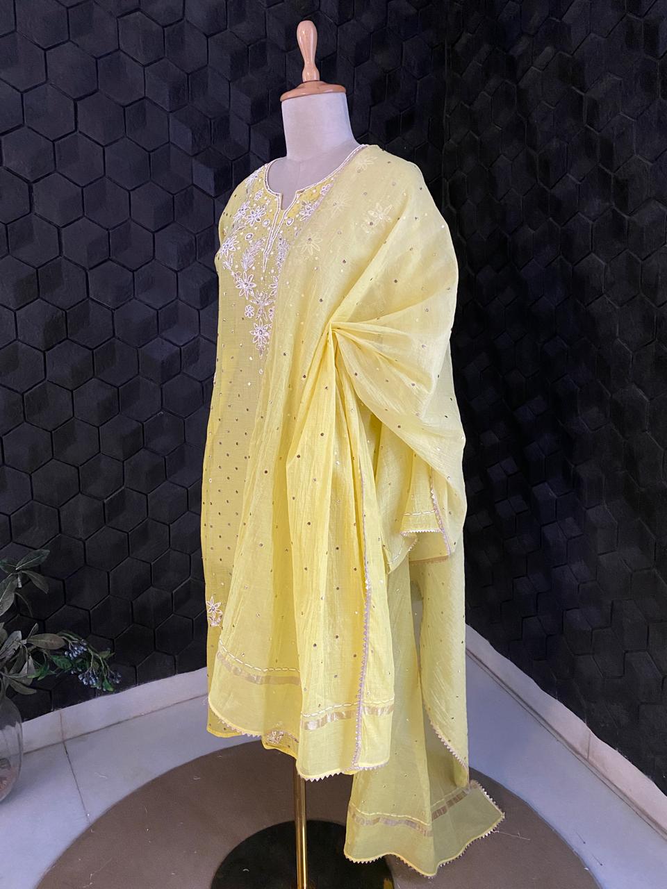 Yellow Mul Chanderi Chikankari Kurta Set