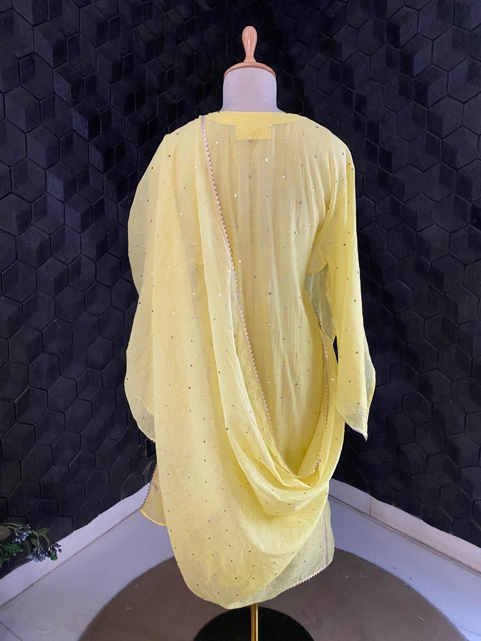 Yellow Mul Chanderi Chikankari Kurta Set