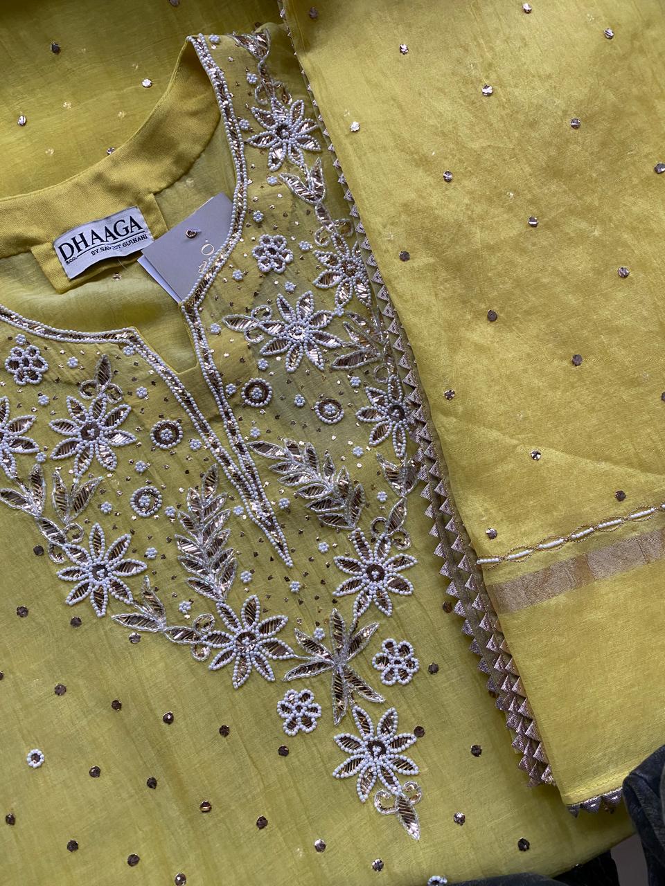 Yellow Mul Chanderi Chikankari Kurta Set