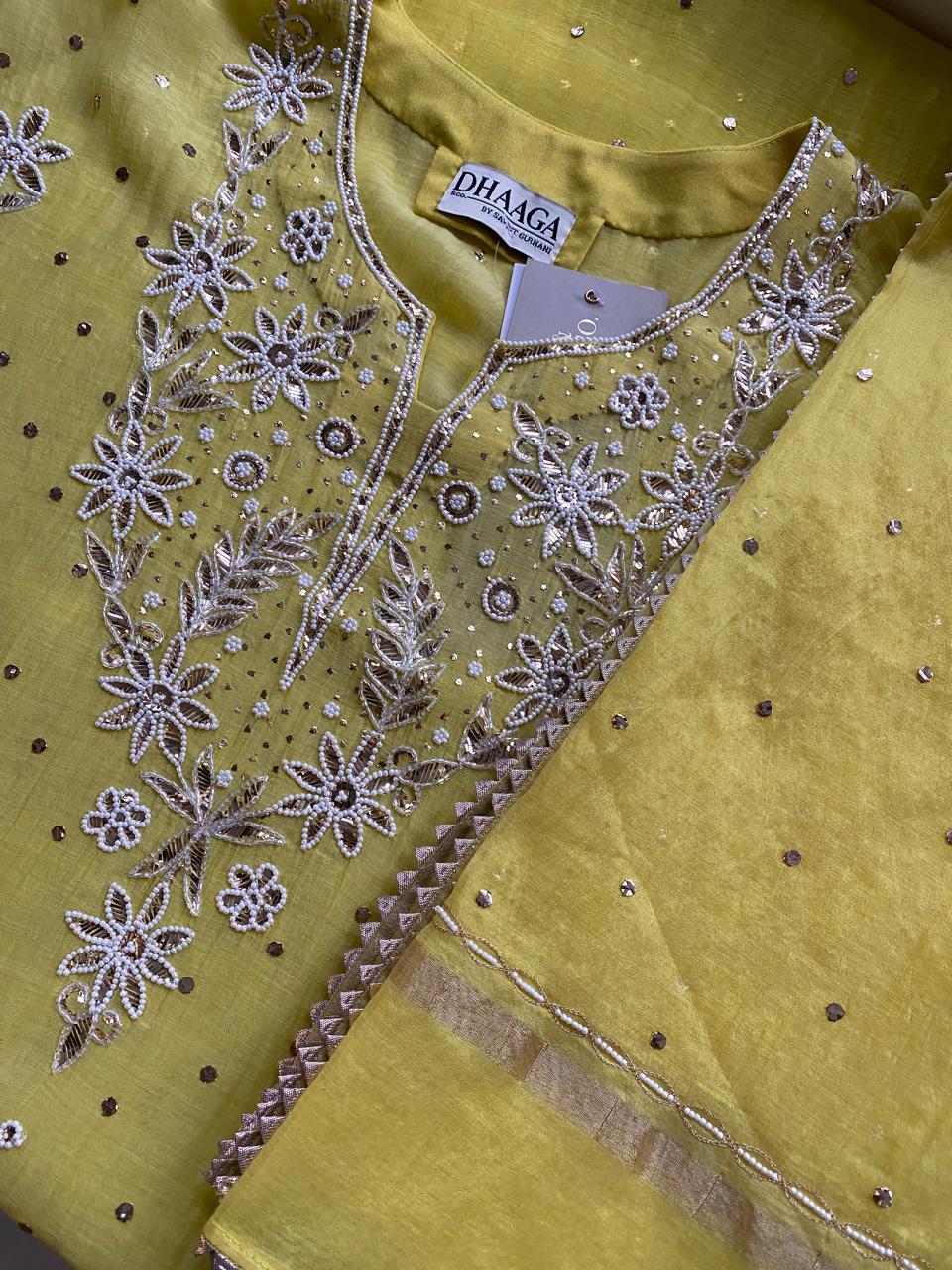 Yellow Mul Chanderi Chikankari Kurta Set