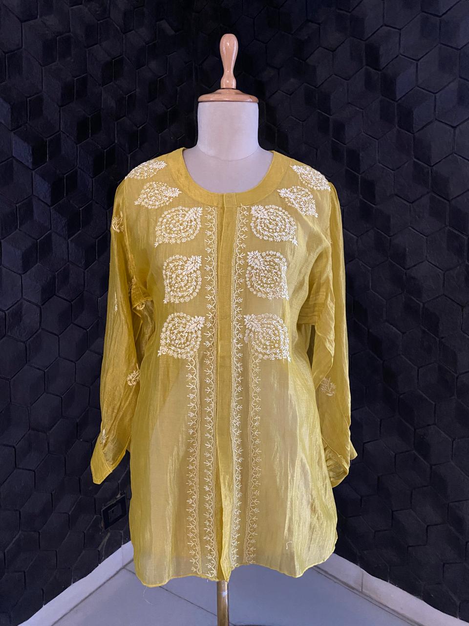 Lime Yellow Stripe Chanderi Chikankari Shirt